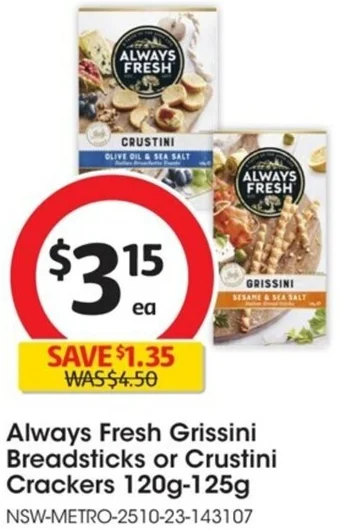 Coles Always Fresh Grissini Breadsticks or Crustini Crackers 120g-125g offer