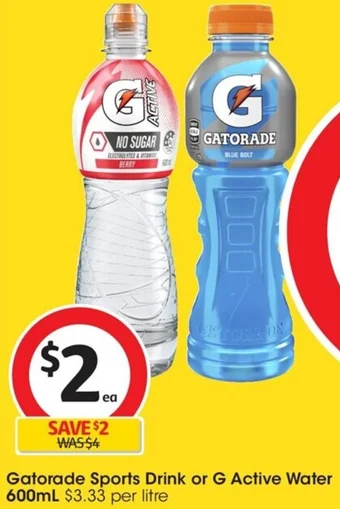 Coles Gatorade Sports Drink or G Active Water 600mL offer