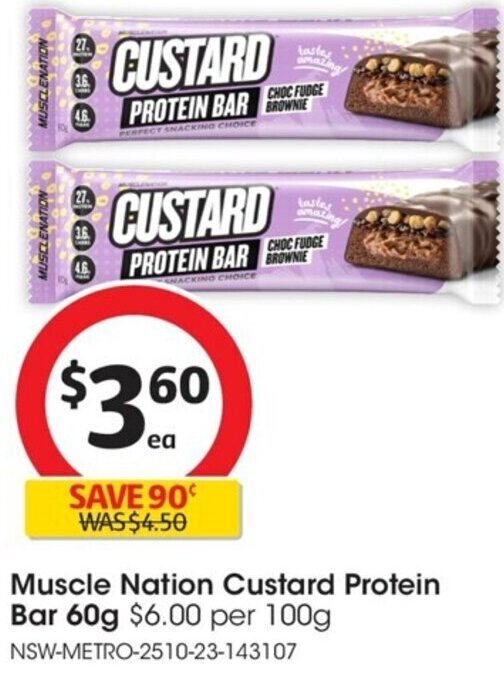 Muscle Nation Custard Protein Bar 60g offer at Coles