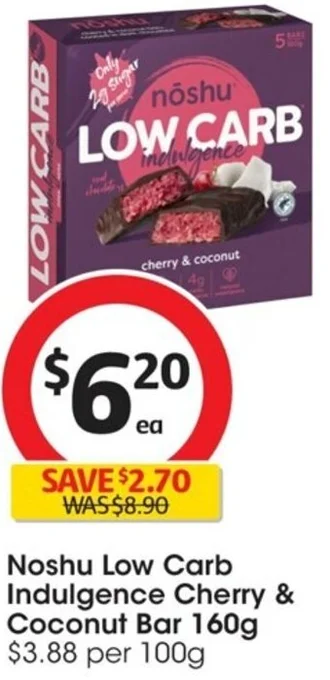 Coles Noshu Low Carb Indulgence Cherry & Coconut Bar 160g offer