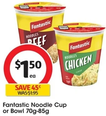Coles Fantastic Noodle Cup or Bowl 70g-85g offer