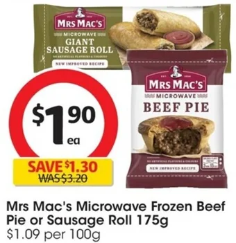 Coles Mrs Mac's Microwave Frozen Beef Pie or Sausage Roll 175g offer