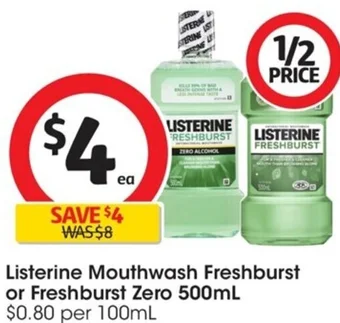 Coles Listerine Mouthwash Freshburst or Freshburst Zero 500mL offer