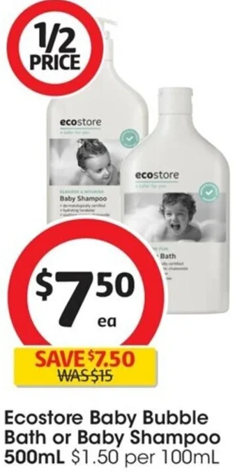 Coles Ecostore Baby Bubble Bath or Baby Shampoo 500mL offer