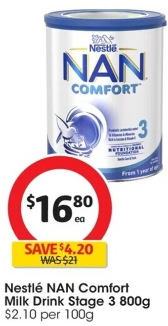 Coles Nestlé NAN Comfort Milk Drink Stage 3 800g offer