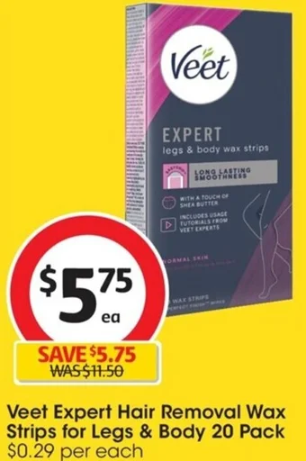 Coles Veet Expert Hair Removal Wax Strips for Legs & Body 20 Pack offer