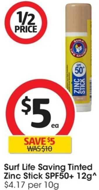 Coles Surf Life Saving Tinted Zinc Stick SPF50+ 12g offer
