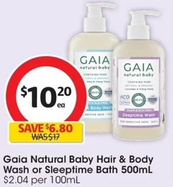 Coles Gaia Natural Baby Hair & Body Wash or Sleeptime Bath 500mL offer