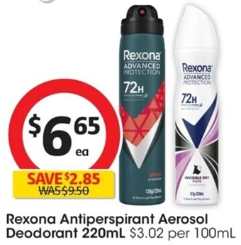 Coles Rexona Antiperspirant Aerosol Deodorant 220mL offer