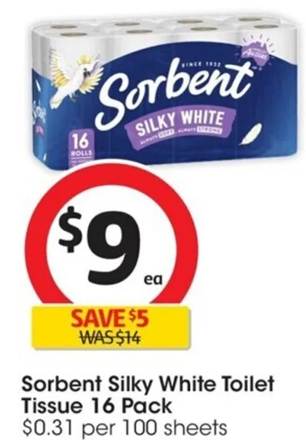 Coles Sorbent Silky White Toilet Tissue 16 Pack offer