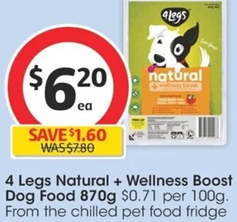 Coles 4 Legs Natural + Wellness Boost Dog Food 870g offer