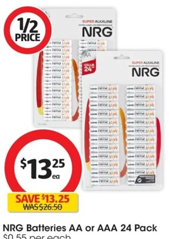 Coles NRG Batteries AA or AAA 24 Pack offer