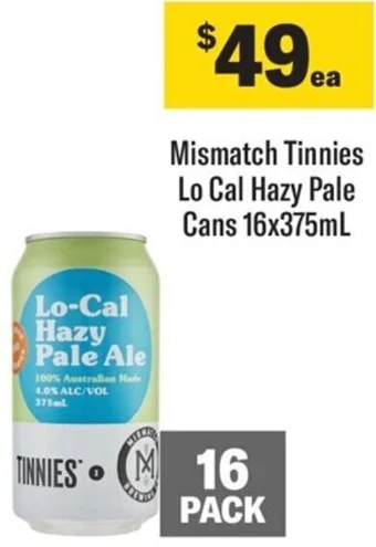Coles Mismatch Tinnies Lo Cal Hazy Pale Cans 16x375mL offer