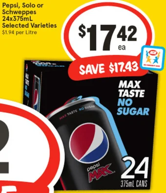 IGA Pepsi, Solo or Schweppes 24x375mL offer