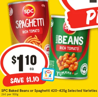 IGA SPC Baked Beans or Spaghetti 420-425g offer
