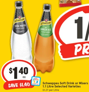 IGA Schweppes Soft Drink or Mixers 1.1 Litre offer