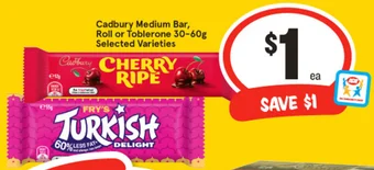 IGA Cadbury Medium Bar, Roll or Toblerone 30-60g offer