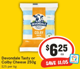 IGA Devondale Tasty or Colby Cheese 250g offer