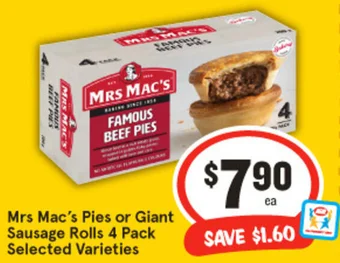 Mrs Mac's Pies or Giant Sausage Rolls 4 Pack
