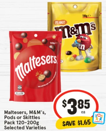 IGA Maltesers, M&M's, Pods or Skittles Pack 120-200g offer