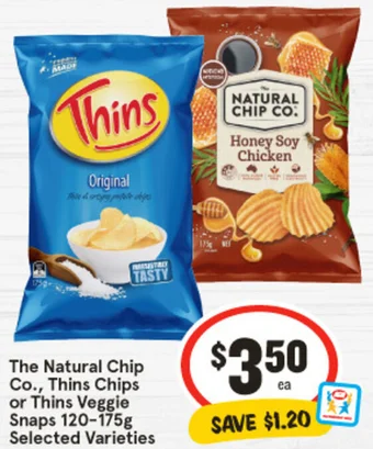 IGA The Natural Chip Co., Thins Chips or Thins Veggie Snaps 120-175g offer