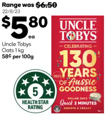 Woolworths Uncle Tobys Oats 1 kg offer
