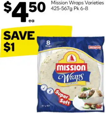 Woolworths Mission Wraps Varieties 425-567g Pk 6-8 offer