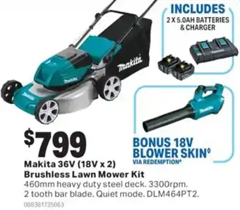 Mitre 10 Makita 36V (18V x 2) Brushless Lawn Mower Kit offer