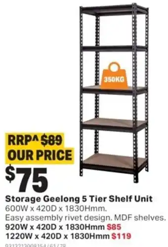 Mitre 10 Storage Geelong 5 Tier Shelf Unit offer