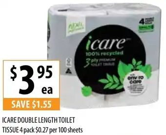 ICARE DOUBLE LENGTH TOILET TISSUE 4 pack