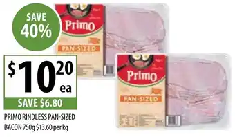 Supabarn PRIMO RINDLESS PAN-SIZED BACON 750g offer