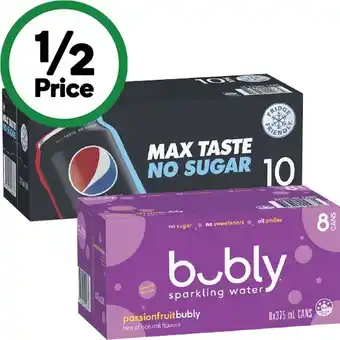 Woolworths Pepsi, solo, mountain dew, schweppes lemonade soft drink varieties, schweppes infused mineral water 10 x 375ml or bubly 8 x 3 offer