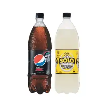 Woolworths Pepsi, solo, mountain dew or schweppes lemonade soft drink varieties 1.25 litre offer