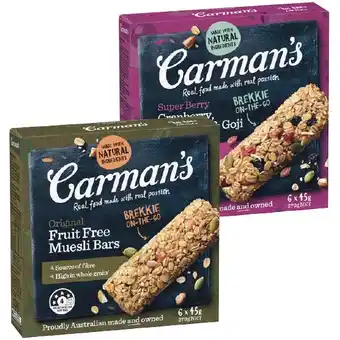 Woolworths Carman’s muesli bars 210-270g pk 6 offer