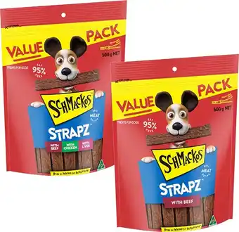 BIG W Schmackos variety pack or beef dog treats 500g offer