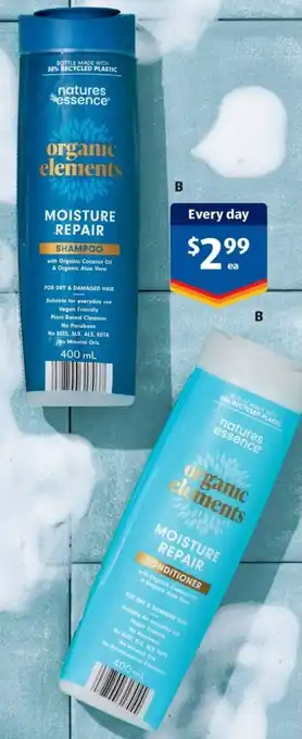 ALDI Natures Essence Organic Elements Shampoo or Conditioner 400ml offer