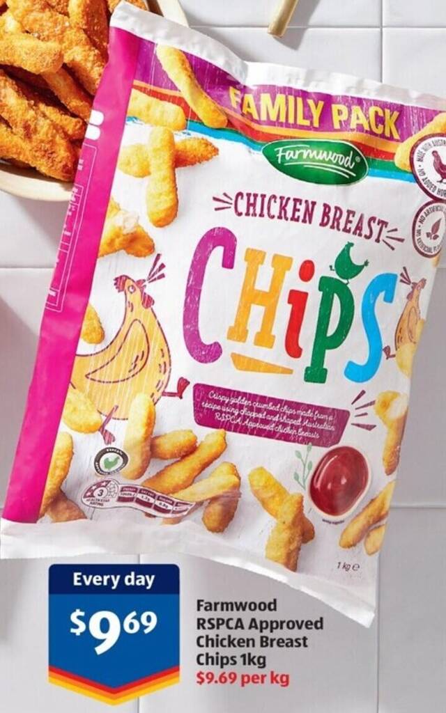 Farmwood RSPCA Approved Chicken Breast Chips 1kg offer at ALDI