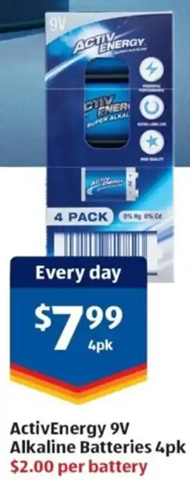 ALDI ActivEnergy 9V Alkaline Batteries 4pk offer