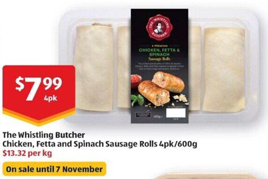 The Whistling Butcher Chicken, Fetta and Spinach Sausage Rolls 4pk/600g