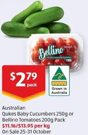 Australian Qukes Baby Cucumbers 250g or Bellino Tomatoes 200g Pack