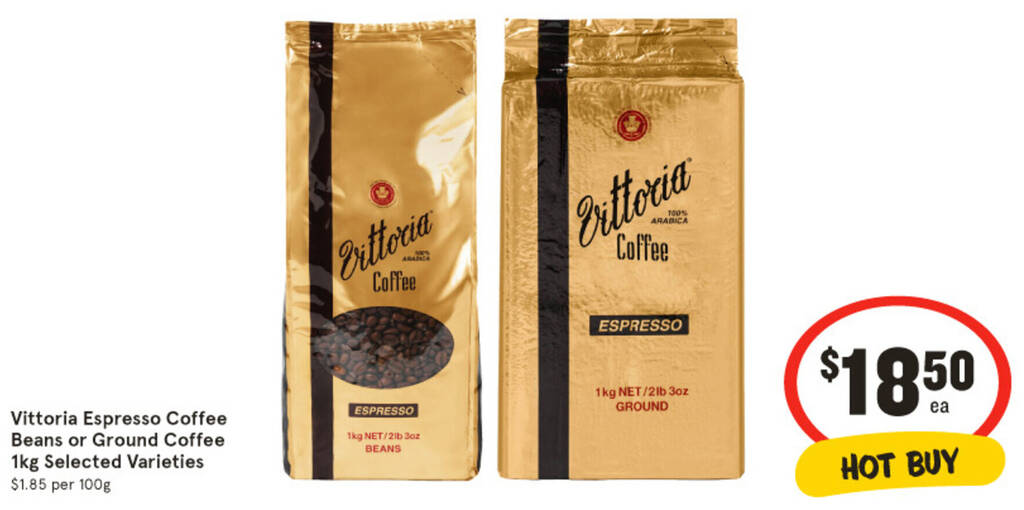 Vittoria Espresso Coffee Beans or Ground Coffee 1kg offer at IGA
