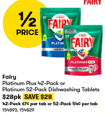 BIG W Fairy Platinum Plus 42-Pack or Platinum 52-Pack Dishwashing Tablets offer