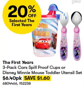 BIG W The First Years 3-Pack Cars Spill Proof Cups or Disney Minnie Mouse Toddler Utensil Set offer