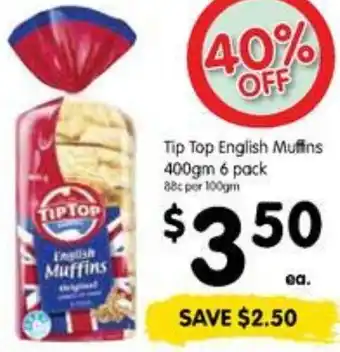 Spar Tip Top English Muffins 400gm 6 pack offer