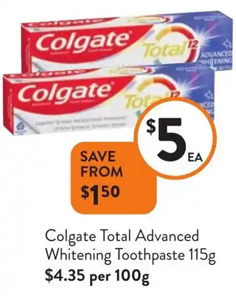 Foodworks Colgate Total Advanced Whitening Toothpaste 115g offer