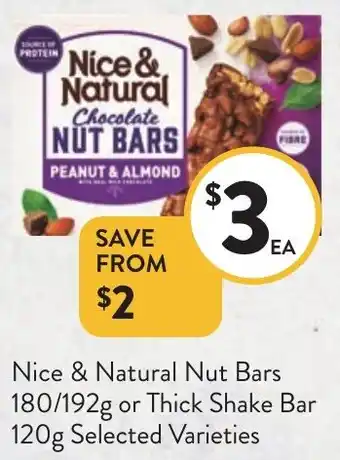 Nice & Natural Nut Bars 180/192g or Thick Shake Bar 120g