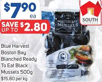 Foodland Blue Harvest Boston Bay Blanched Ready To Eat Black Mussels 500g offer