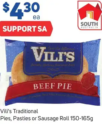 Foodland Vili's Traditional Pies, Pasties or Sausage Roll 150-165g offer