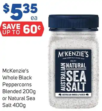 Foodland McKenzie's Whole Black Peppercorns Blended 200g or Natural Sea Salt 400g offer