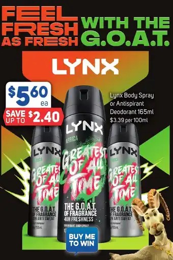Foodland Lynx Body Spray or Antispirant Deodorant 165ml offer